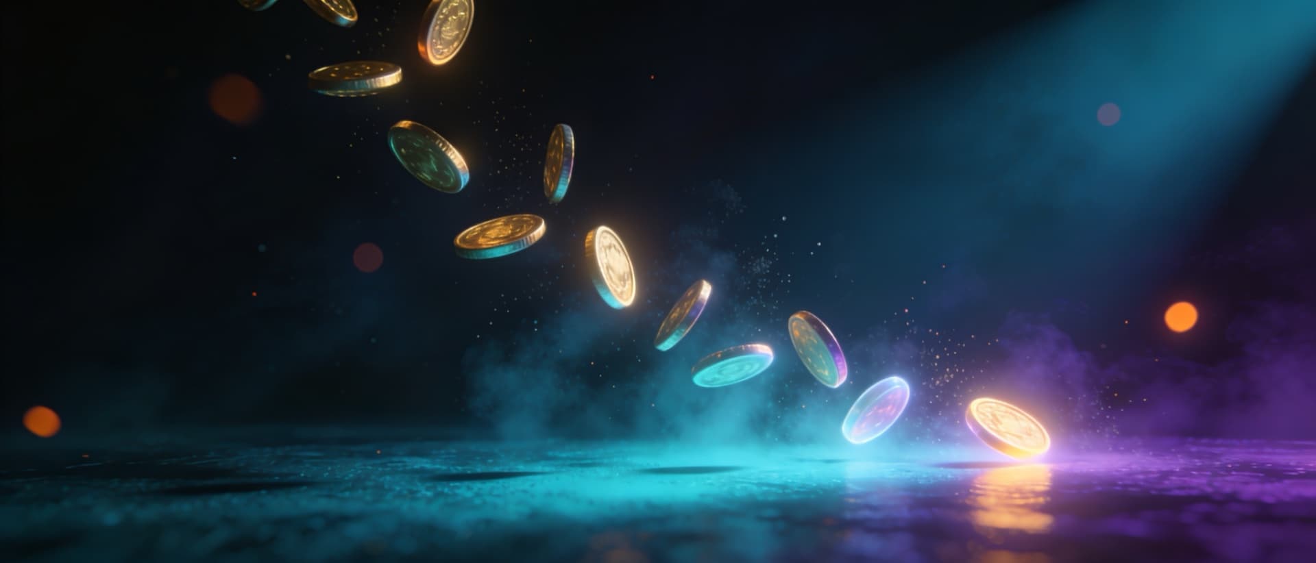 Granty — zlaté mince v pomalom voľnom páde, presvecované teplým tyrkysovým svetlom