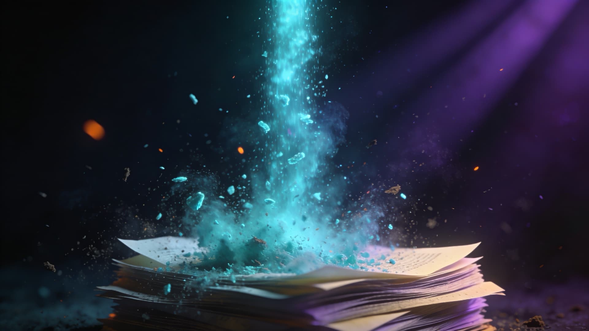 E-faktúra 2027 — papierové dokumenty rozplývajúce sa do tyrkysových svetelných častíc