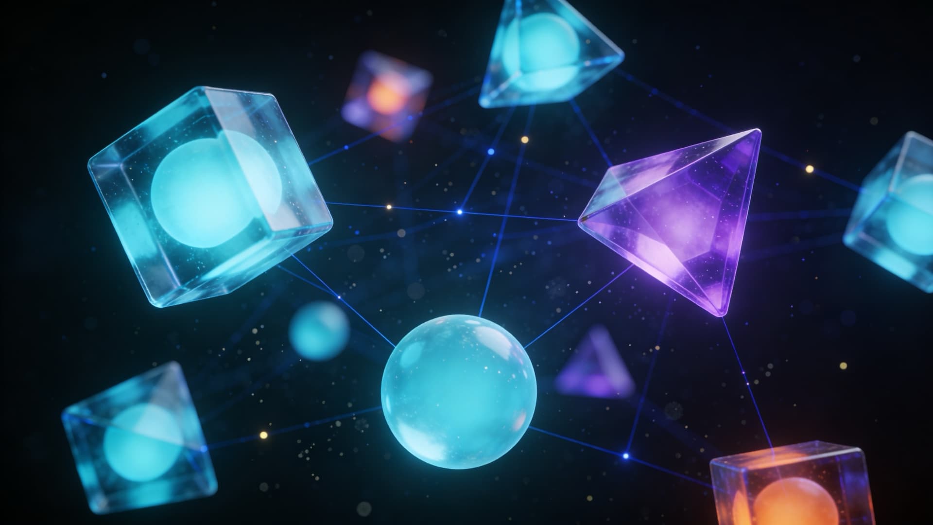 Služby Unoneto — translucentné geometrické tvary v konstelácii spojené svetelnými niťami