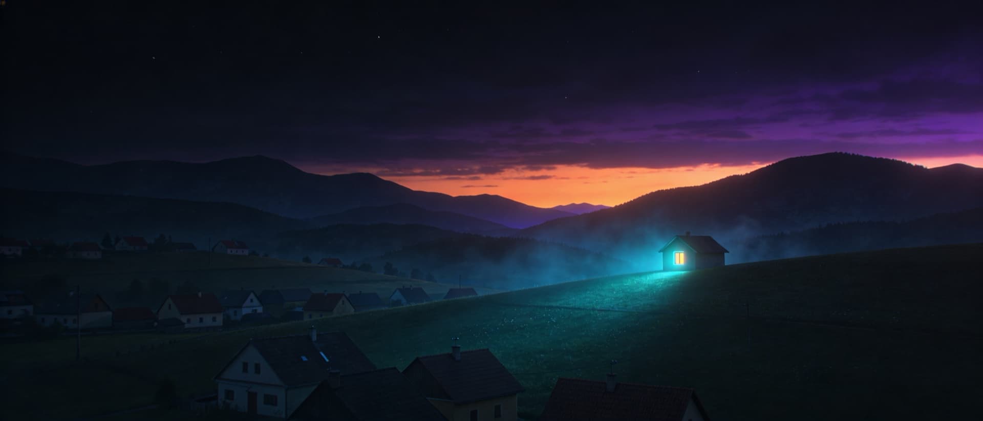 Bidovce — krajina pri súmraku, jeden domček s teplým tyrkysovým svetlom