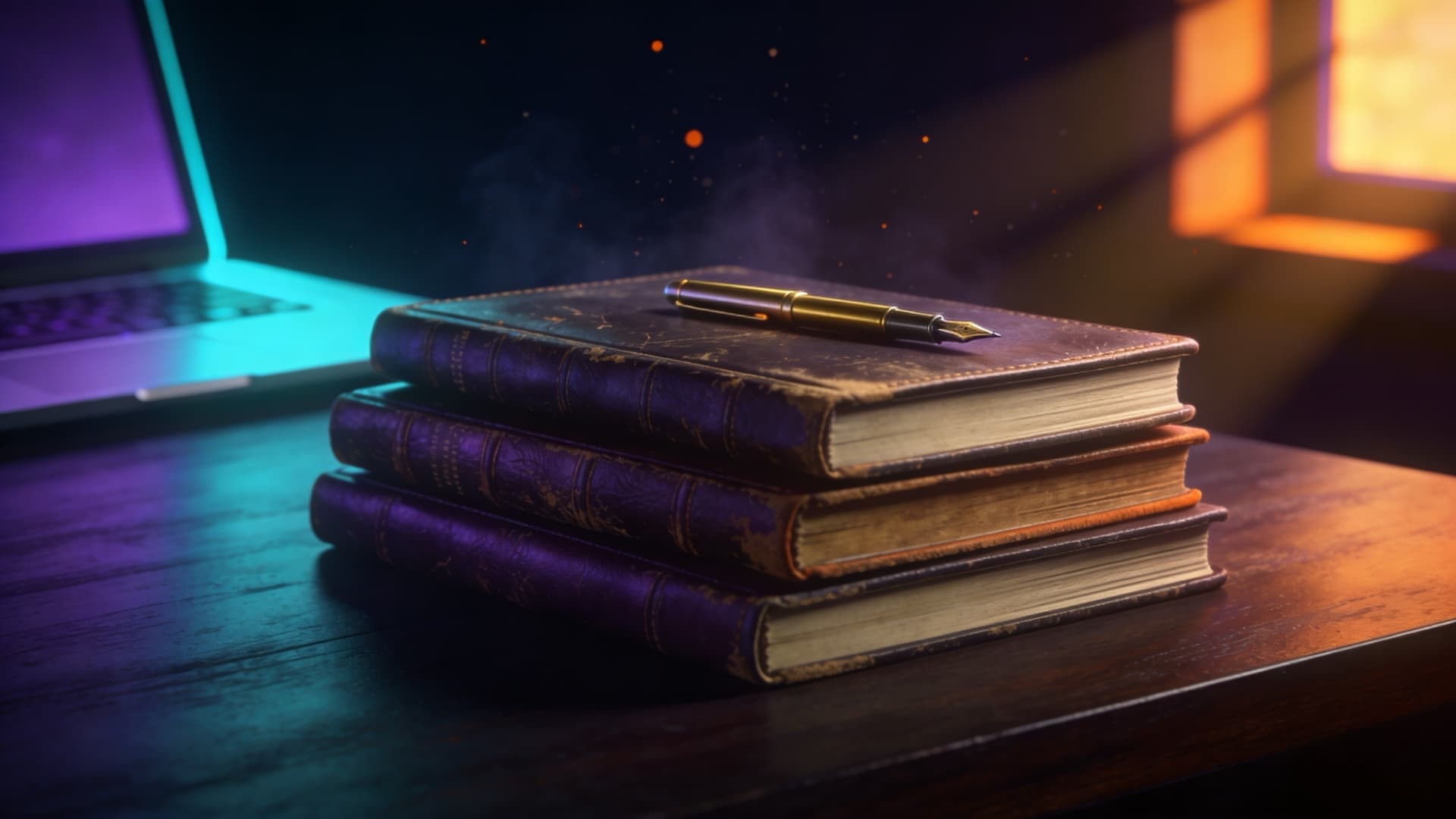 Zápisky — kožené notebooky a mosadzné pero na drevenom stole, magazín still life